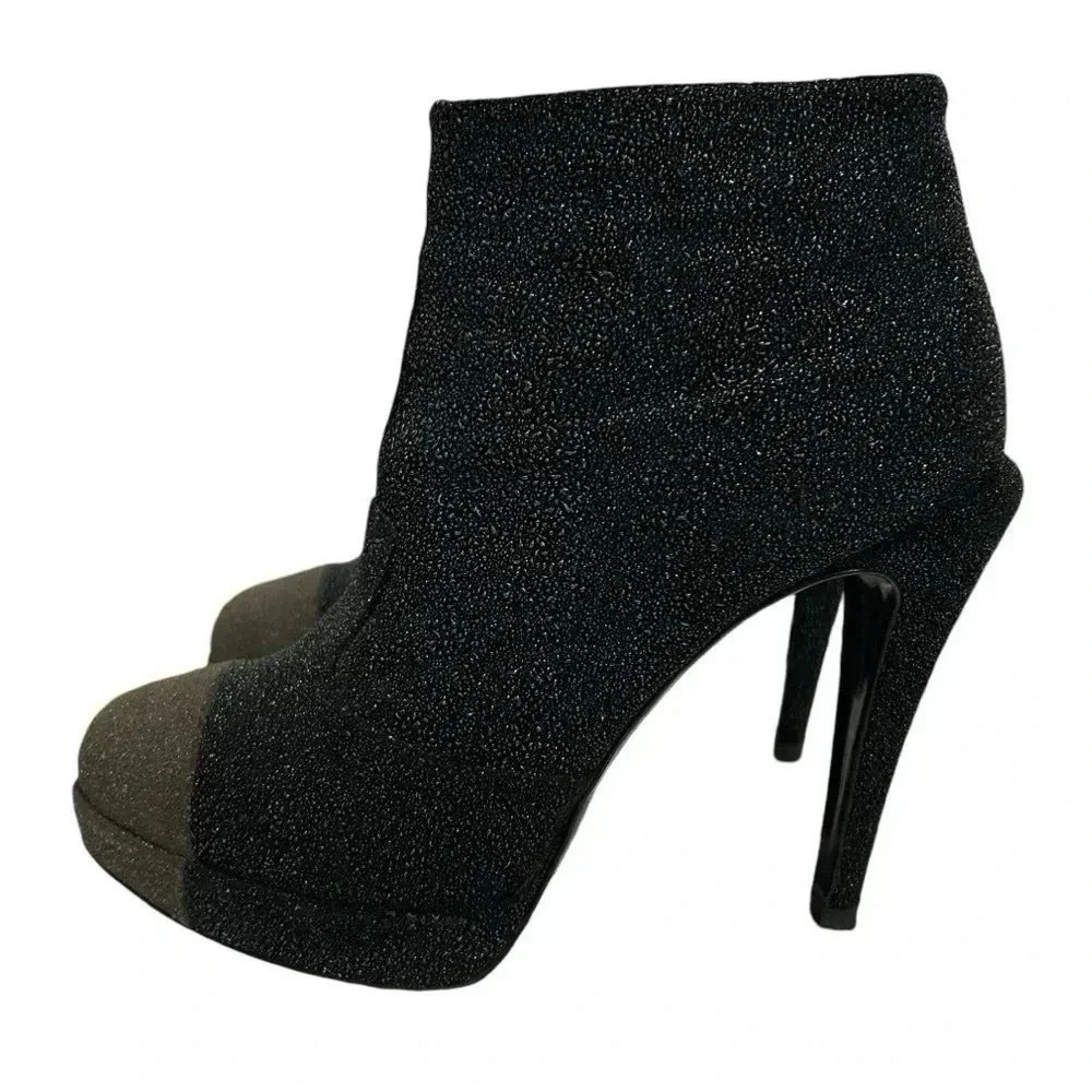 Chanel Glitter Suede CC Cap Toe Ankle Boots Black 40.5 Stiletto Heels - Picture 14 of 15